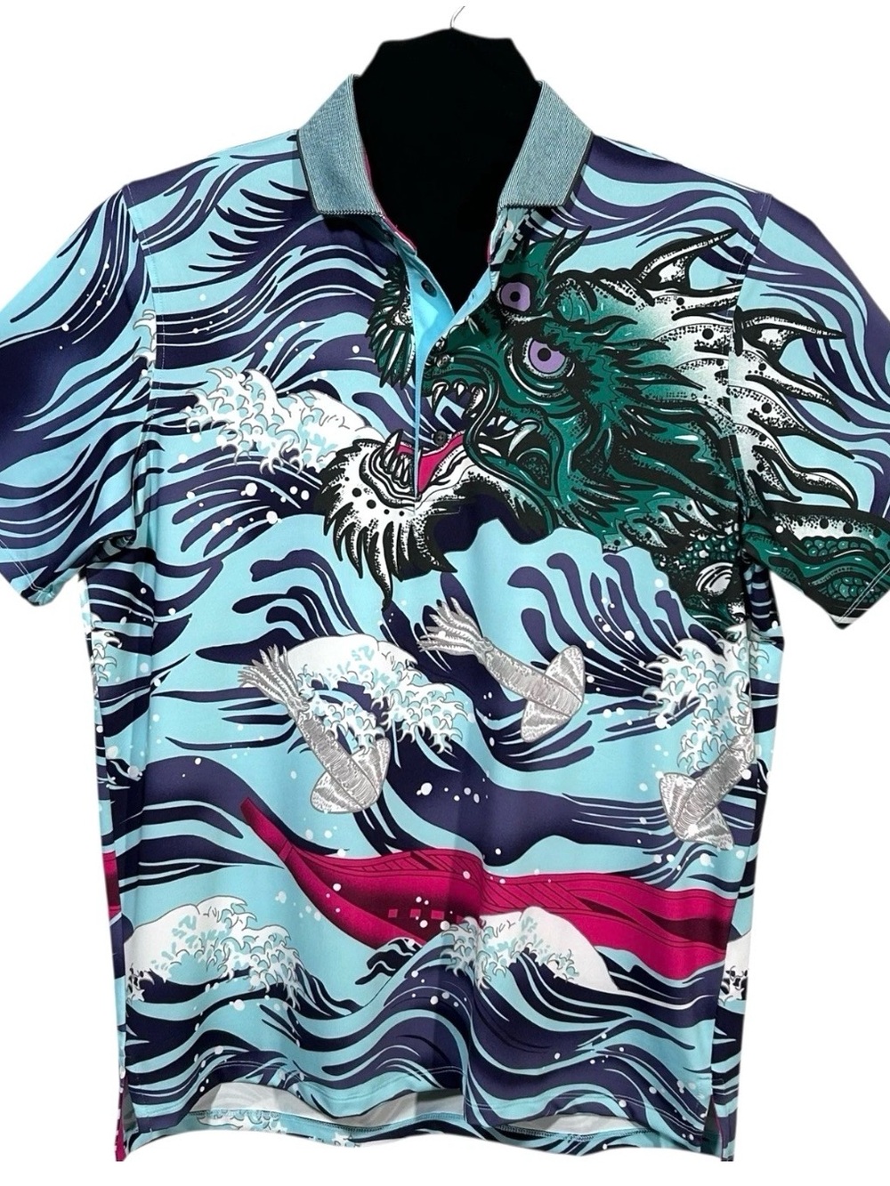 Greyson New (without tags) Light Blue Polo with Teal Dragon and Magenta Accent